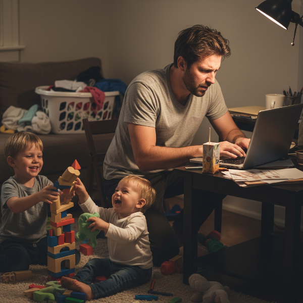 Ojciec pracujący zdalnie przy laptopie, zmęczony i zestresowany, podczas gdy jego dzieci bawią się obok, ilustrując konflikt między pracą a życiem rodzinnym.