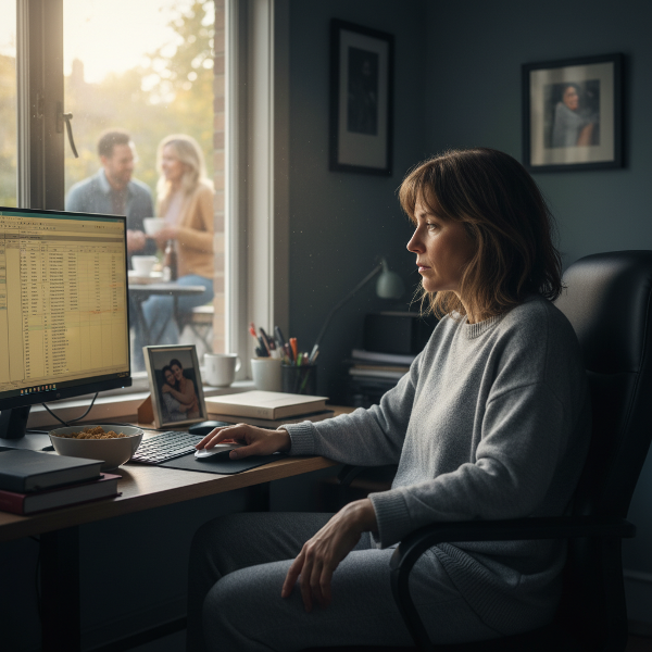Kobieta pracująca samotnie przy biurku w domu, z wyrazem tęsknoty, podczas gdy przez okno widać świat zewnętrzny.