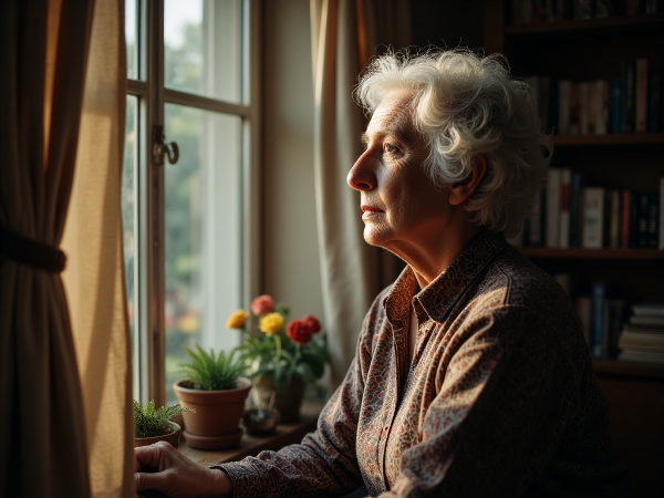 Emerytowana nauczycielka patrzy przez okno, zamyślona, szukając nowego celu po zakończeniu długiej kariery.