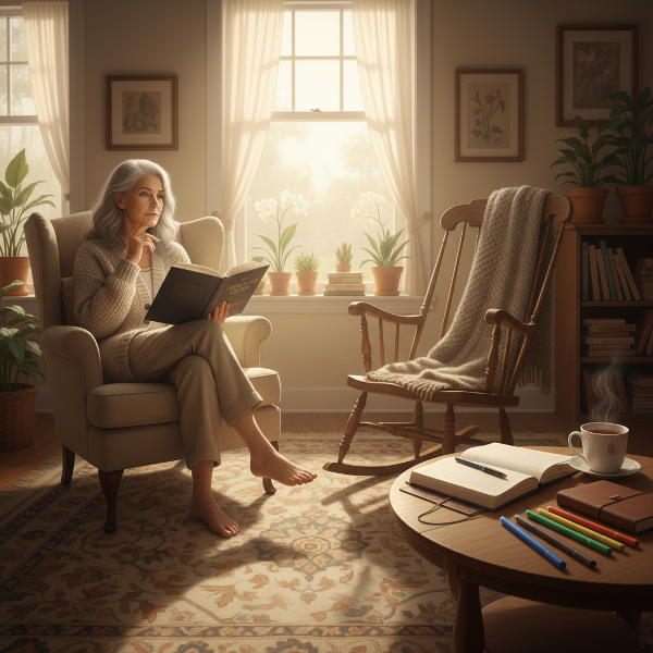 Emerytowana kobieta w pokoju, z książką o psychologii kolorów, w zadumie, symbolizująca poszukiwanie siebie i nowy początek.