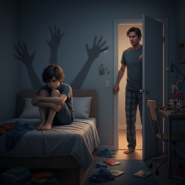 Smutny chłopiec w pokoju w nocy, ojciec za drzwiami.