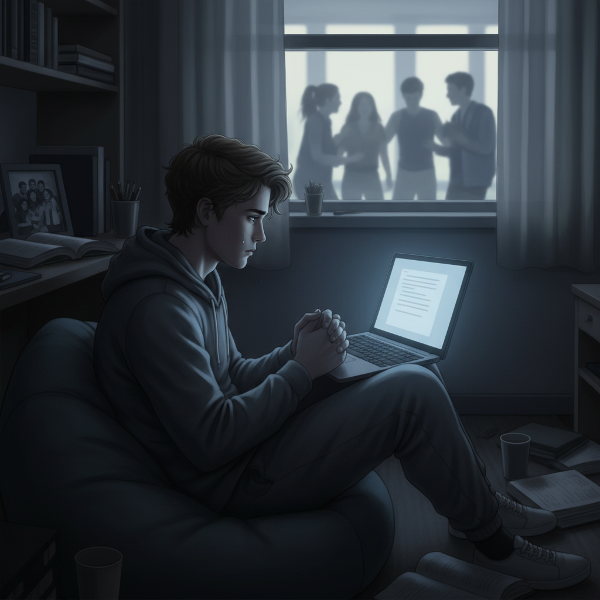 Młody mężczyzna w akademiku, wycofany, obserwujący integrację innych, symbolizujący niepewność i pragnienie otwarcia się.