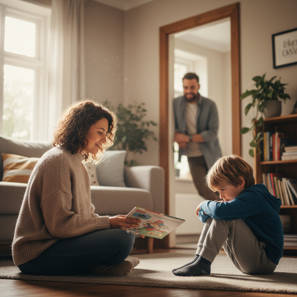 Kobieta buduje delikatną więź z nieśmiałym synem partnera w bezpiecznej, domowej atmosferze.