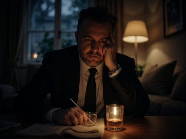 Mężczyzna po pracy w domu, zmęczony i zestresowany, patrzy na kieliszek alkoholu, symbolizując walkę z nawykiem sięgania po trunek w celu rozładowania napięcia.