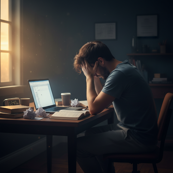 Młody mężczyzna przy biurku nocą, sparaliżowany stresem przed pustym ekranem, symbolizujący blokadę twórczą i presję.