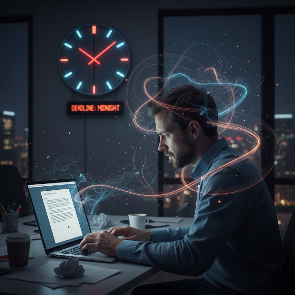 Mężczyzna sparaliżowany blokadą twórczą przed laptopem w biurze, z wizualnymi elementami stresu i uciekającego czasu.