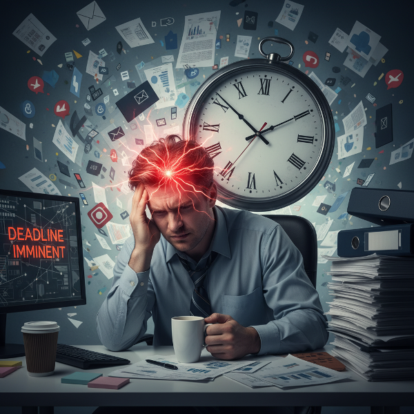 Mężczyzna w biurze korporacyjnym odczuwający psychosomatyczne objawy stresu, z wizualnymi metaforami napięcia.