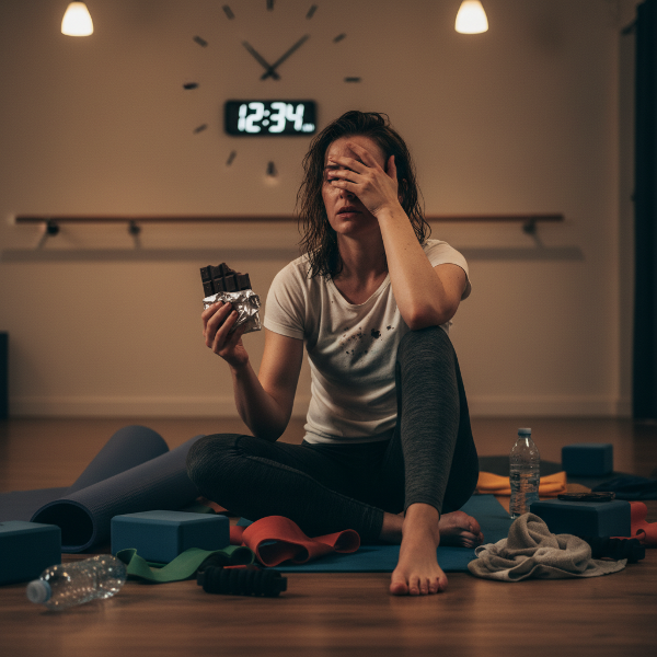 Kobieta w studiu jogi, wyczerpana i zestresowana, zajadająca emocje słodyczami, podczas gdy wokół panuje chaos.