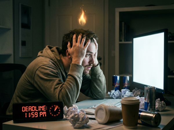 Młody mężczyzna sfrustrowany blokadą pisarską przy biurku, z pustą kartką i zegarem symbolizującym presję terminu.