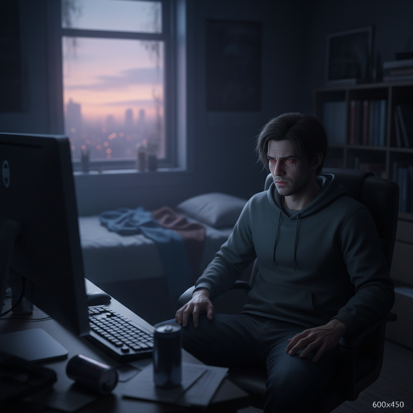 Młody mężczyzna w ciemnym pokoju, przy świetle monitora, z wyrazem wyczerpania i wewnętrznej walki na twarzy.