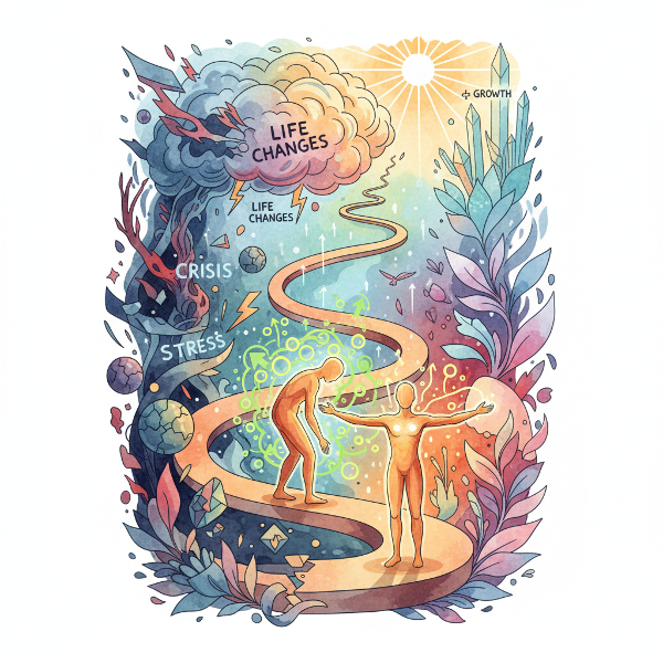 Obraz przedstawiający abstrakcyjną wizję radzenia sobie ze zmianami i stresem, ukazującą ścieżkę rozwoju przez symboliczne przeszkody.