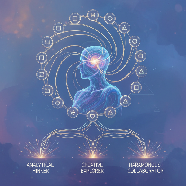 Abstrakcyjna ilustracja przedstawiająca osobę rozważającą odpowiedzi w teście osobowości, z liniami łączącymi pytania z wynikami.