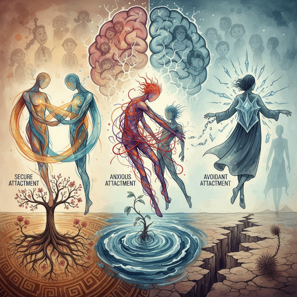 Abstrakcyjna ilustracja przedstawiająca trzy style przywiązania (bezpieczny, lękowy, unikający) za pomocą symbolicznych połączeń między ludzkimi sylwetkami, odzwierciedlająca wpływ dzieciństwa na relacje.