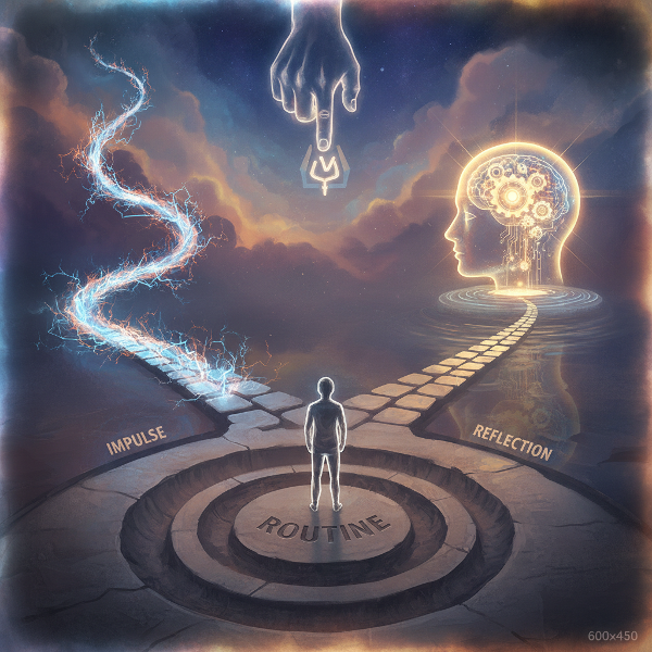 Obraz przedstawiający symboliczną scenę rozdroża, gdzie różne ścieżki reprezentują automatyczne, impulsywne, rutynowe i refleksyjne procesy decyzyjne.