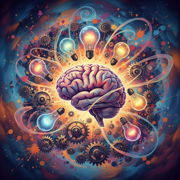Abstrakcyjna ilustracja mózgu z żarówkami i trybami, symbolizująca kreatywność i generowanie pomysłów.