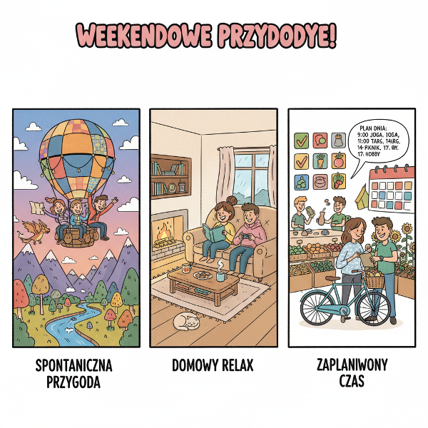 Kolorowa ilustracja w stylu kreskówki pokazująca różne typy weekendowych aktywności w radosnej atmosferze.