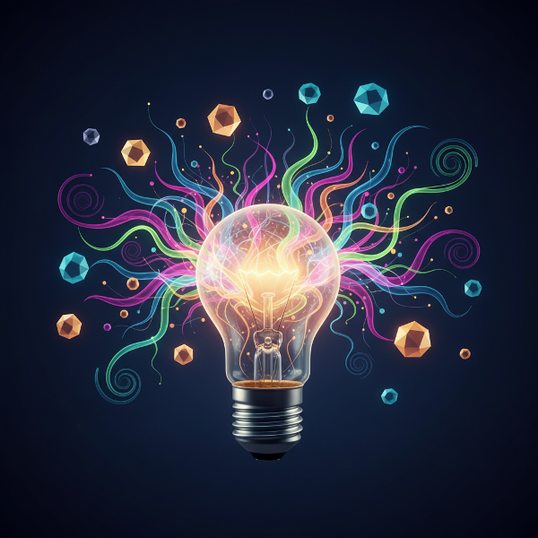Abstrakcyjna ilustracja przedstawiająca ludzki umysł jako żarówkę, z której emanują kolorowe ścieżki neuronowe i pomysły, symbolizujące kreatywność i innowacyjne myślenie.