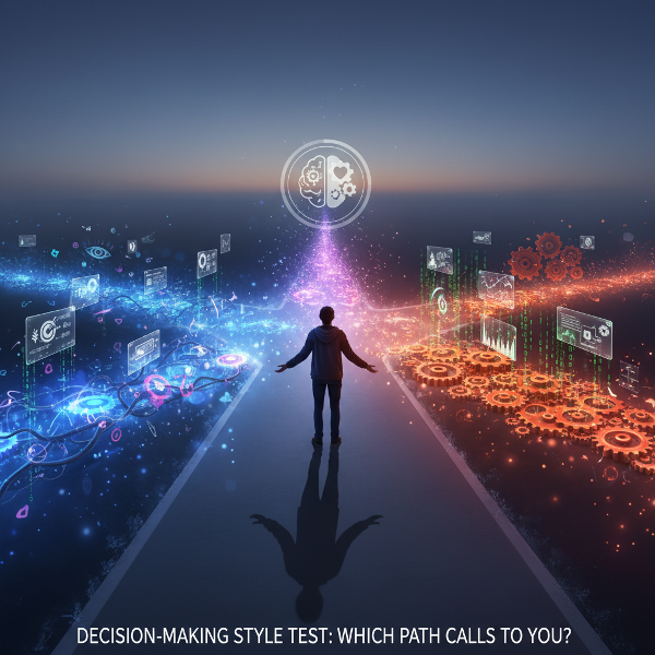 Obraz symbolizujący różne style podejmowania decyzji: intuicyjny, analityczny i zrównoważony.