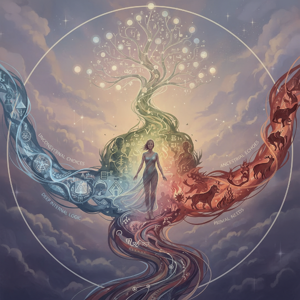 Symboliczna, oniryczna ilustracja osoby na rozdrożu niewidzialnych rzek, reprezentująca głęboką wewnętrzną logikę kształtującą nieświadome wybory.