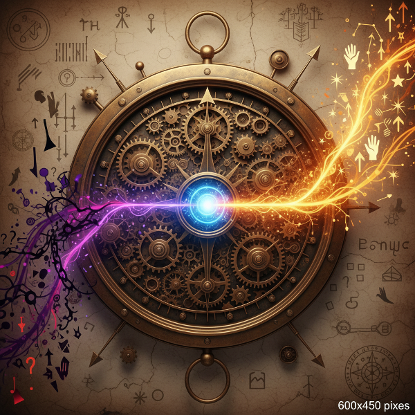 Ilustracja przedstawiająca symboliczny kompas złożony z wewnętrznych mechanizmów, którego wskazówki rozgałęziają się w świetliste i ciemne ścieżki, reprezentujące głębokie źródła motywacji i wewnętrzne konflikty decyzyjne.