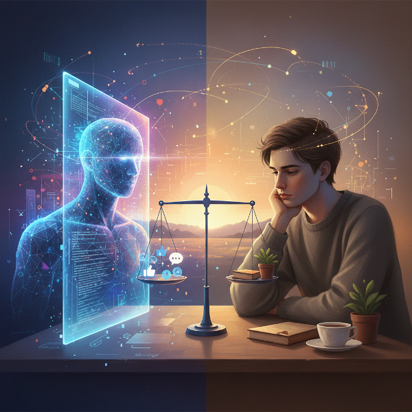 Wizualizacja rozdwojenia między tożsamością online i offline, z symbolami połączeń i równowagi.