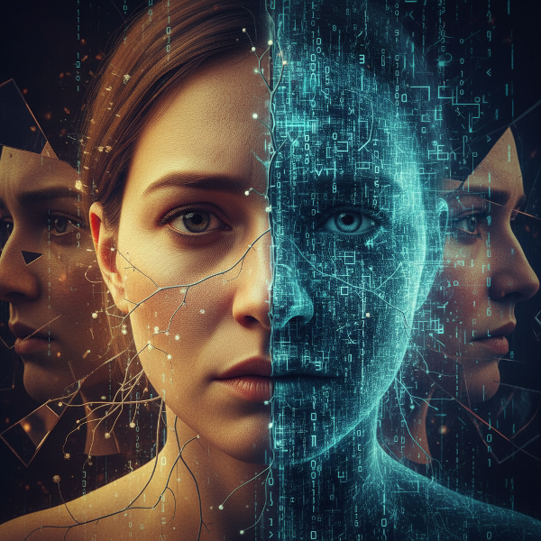 Obraz przedstawiający rozszczepienie tożsamości między światem realnym a cyfrowym, z symbolami połączeń neuronowych i luster.