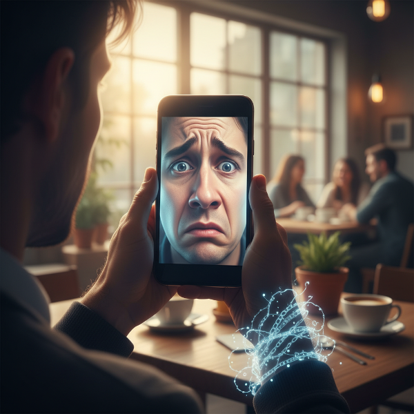 Osoba widząca swoje zniekształcone odbicie w ekranie smartfona, z subtelnymi cyfrowymi ograniczeniami na tle rozmytego, rzeczywistego świata.