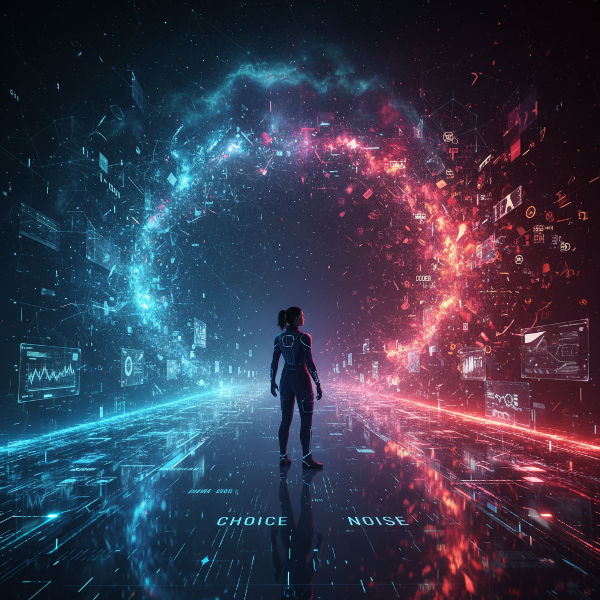 Osoba na rozdrożu cyfrowych strumieni danych, pomiędzy uporządkowaną a przytłaczającą ścieżką.