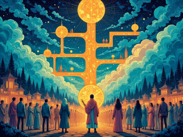 Ilustracja symbolizująca wybory i różne postawy wobec zmian społecznych, ukazująca ludzi na rozdrożu prowadzącym w różne kierunki przyszłości.