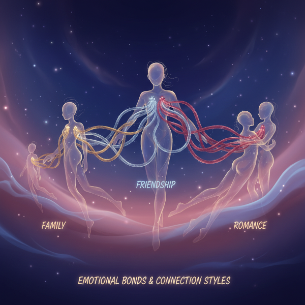 Abstrakcyjna ilustracja symbolizująca więzi emocjonalne. Postacie ludzkie połączone nitkami światła, reprezentujące przyjaźń, miłość i relacje rodzinne.