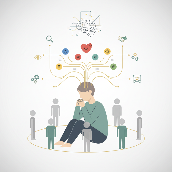 Obraz ilustrujący test inteligencji emocjonalnej, ukazujący samoświadomość i relacje międzyludzkie.