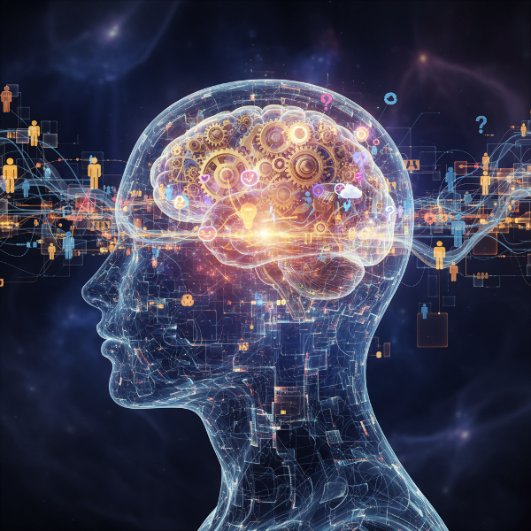 Symboliczna ilustracja inteligencji emocjonalnej przedstawiająca głowę z świecącym mózgiem, trybikami i kolorowymi emocjami, otoczoną abstrakcyjnymi połączeniami społecznymi.