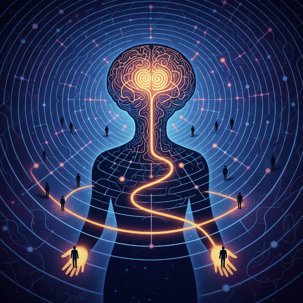 Symboliczna ilustracja umysłu jako labiryntu ze ścieżkami neuronowymi, gdzie jedna dominująca ścieżka reprezentuje nieuświadomiony schemat emocjonalny.