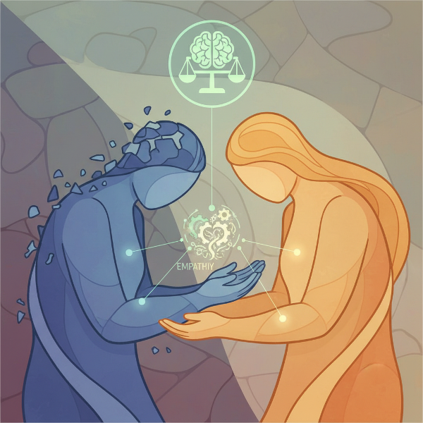 Symboliczna ilustracja przedstawiająca wsparcie emocjonalne w relacji, z wizualnymi metaforami różnych reakcji na kryzys.