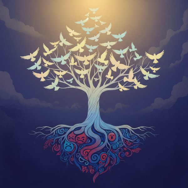 Ilustracja przedstawia symboliczne drzewo genealogiczne, gdzie korzenie splątane są z emocjami, a gałęzie przekształcają się w wolne ptaki, obrazując transformację dziedzictwa emocjonalnego.
