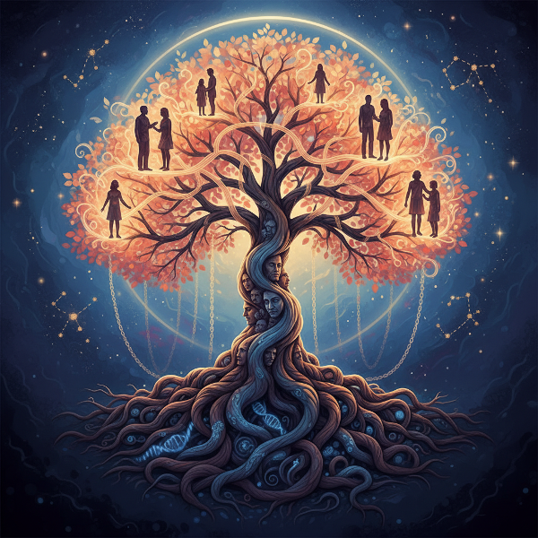Symboliczne drzewo genealogiczne z poplątanymi korzeniami i świecącymi gałęziami, reprezentujące głębokie wzorce między pokoleniami.