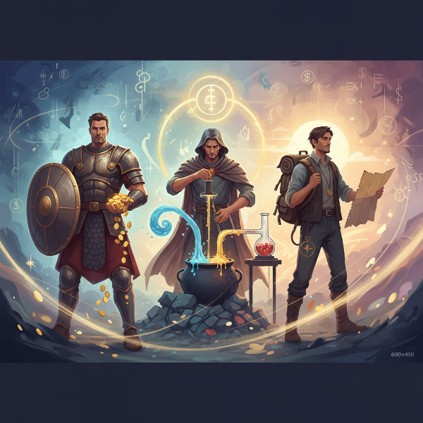 Symboliczna ilustracja trzech archetypów finansowych: Strażnika, Alchemika i Wędrowca, reprezentujących różne podejścia do pieniędzy.