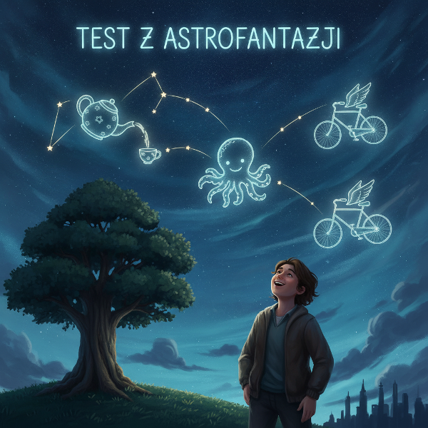 Kolorowa grafika przedstawiająca człowieka na wzgórzu pod nocnym niebem, gdzie gwiazdy układają się w kształty zwierząt i mitologicznych postaci, oddając radosny i odkrywczy nastrój testu.