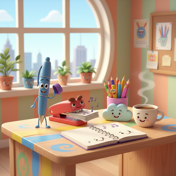 Kolorowy, zabawny rysunek biurka z uosobionymi przyborami biurowymi, takimi jak długopis, zszywacz i notes, w jasnej, przyjaznej przestrzeni.