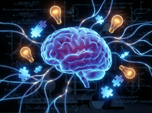 Symboliczna ilustracja przedstawiająca świecący mózg z elementami układanki, żarówkami i rozgałęziającymi się ścieżkami, symbolizującymi kreatywne rozwiązywanie problemów.