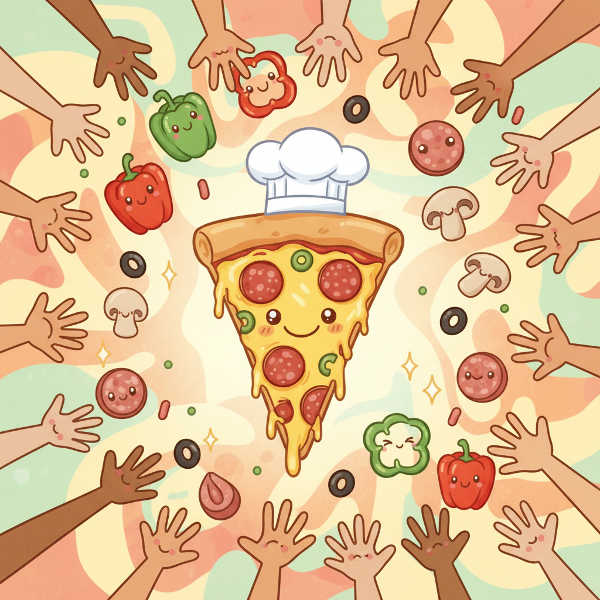 Zabawna animowana pizza z uśmiechem, w czapce kucharza, z kolorowymi dodatkami i radosnymi dłońmi.