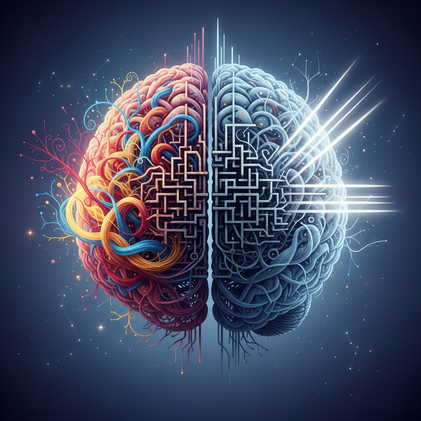 Ilustracja symboliczna mózgu z różnymi ścieżkami myślowymi reprezentującymi uprzedzenia poznawcze.