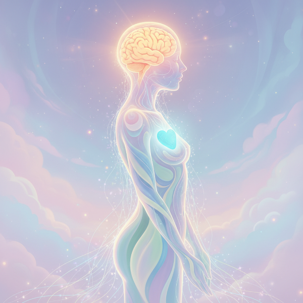 Symboliczna ilustracja przedstawiająca połączenie umysłu i ciała za pomocą świetlistych nici, w stonowanych, surrealistycznych kolorach.