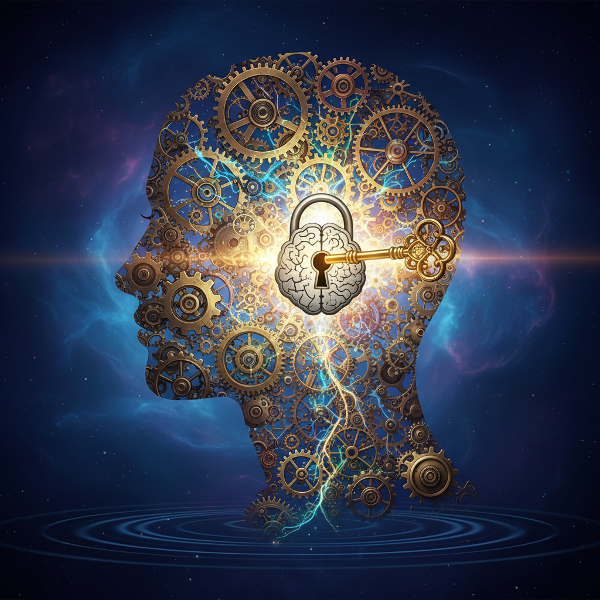 Symboliczna ilustracja przedstawiająca ludzką sylwetkę wypełnioną trybami i ścieżkami neuronowymi, z kluczem otwierającym zamek, co reprezentuje świadomość nawyków i zmianę.