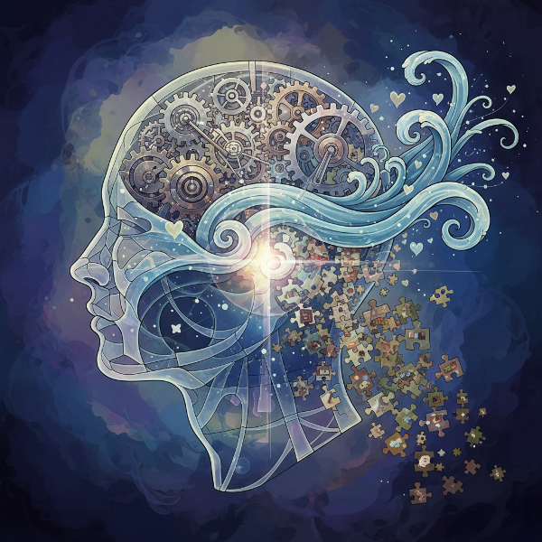 Abstrakcyjna ilustracja głowy z trzema wzorcami myślowymi: trybami analitycznymi, falami intuicyjno-emocjonalnymi i puzzlami doświadczeniowymi.