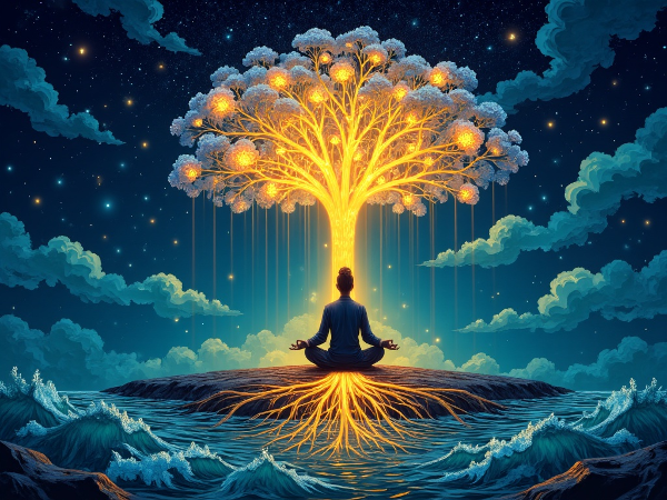 Obraz symbolizujący wewnętrzną równowagę, przedstawiający medytującą osobę w harmonii z otoczeniem.