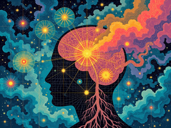 Symboliczna ilustracja wewnętrznego kompasu poznawczego, z rozgałęziającymi się ścieżkami neuronowymi tworzącymi abstrakcyjne krajobrazy, reprezentująca wrodzone style przetwarzania informacji.