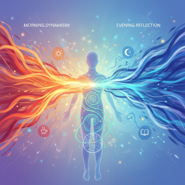 Ilustracja przedstawiająca rytm energetyczny człowieka jako fale światła i koloru wpływające na codzienne aktywności.