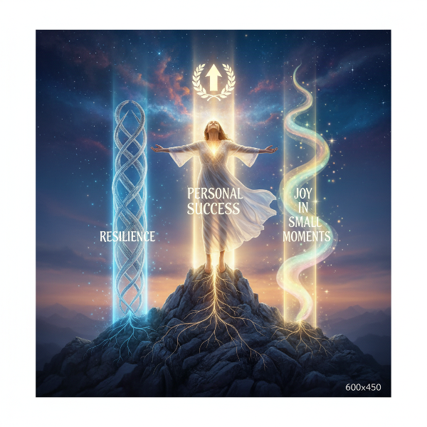 Symboliczny obraz osoby stojącej mocno na szczycie góry, promieniującej wewnętrznym światłem i spokojną satysfakcją, z trzema filarami światła wznoszącymi się z ziemi.