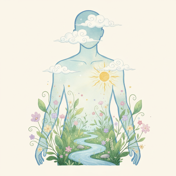 Symboliczna ilustracja wewnętrznej pogody człowieka: zrównoważony ekosystem wewnątrz sylwetki, z chmurami spokoju, rosnącymi roślinami i słońcem energii.